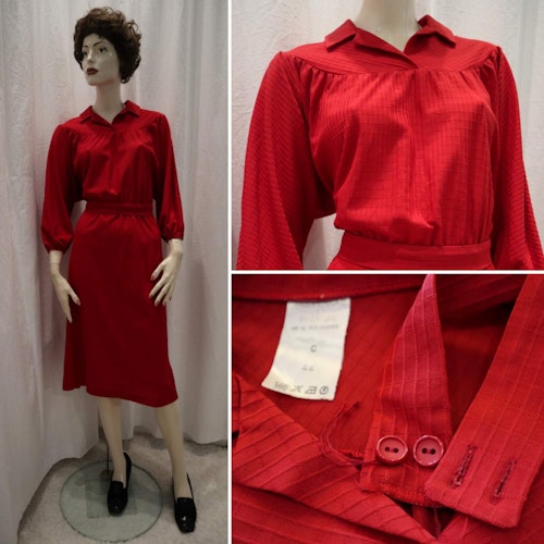 Vintage retro röd klänning resår i midjan pingvinärm skärp 7080-tal