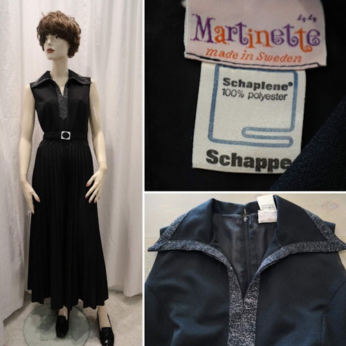 Vintage retro elegant svart festklänning med silver plisserad Martinette 6070tal