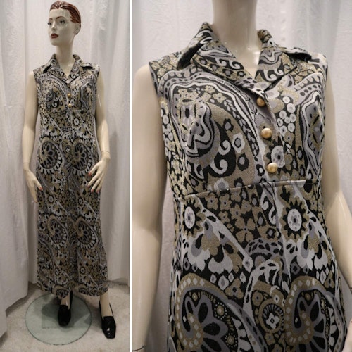 Vintage retro långklänning stormönstrad silver grå guld svart 6070-tal