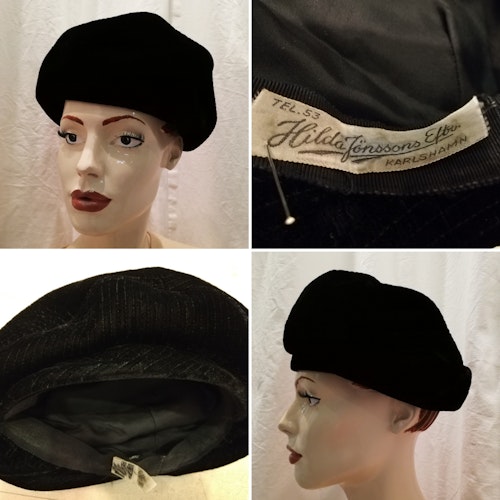 Vintage retro hatt damhatt murkla svart sammet stickningar