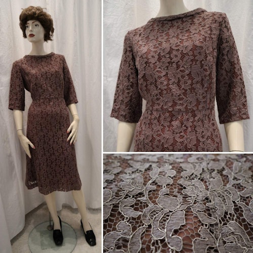Vintage retro spetsklänning brunt foder lila-brun spets 60-tal