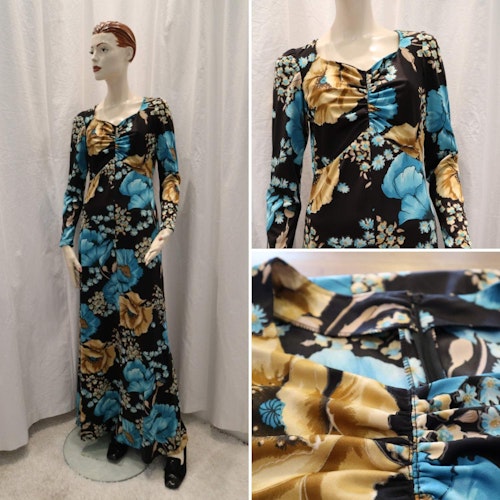 Vintage retro blommig långklänning syntet svart blå turkos beige 6070-tal