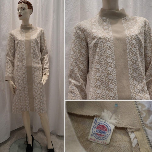 Vintage retro beige mönstrad klänning crimplene rak modell ILGWU 6070-tal