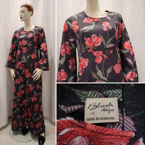 Vintage retro lång glittrande festklänning lila med vackra rosa-röda blommor
