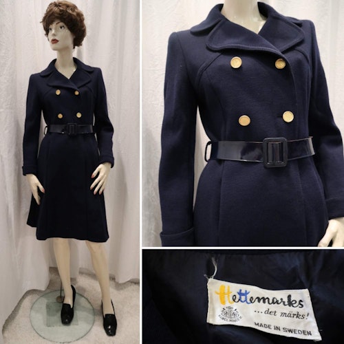 Vintage retro Hettemarks kappa marinblå guldknappar dubbelknäppt ull