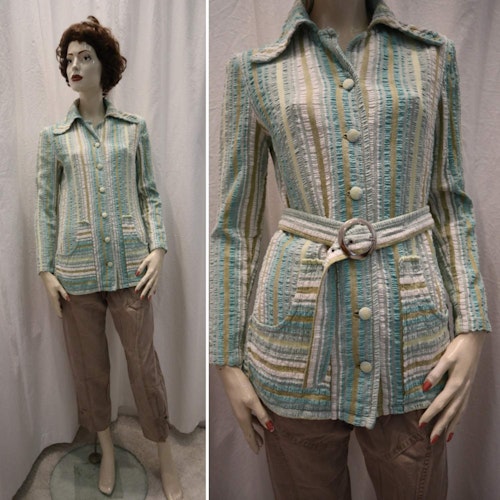 Vintage retro blus tunika randig beige grön grå bäckebölja i grövre tyg 70-tal