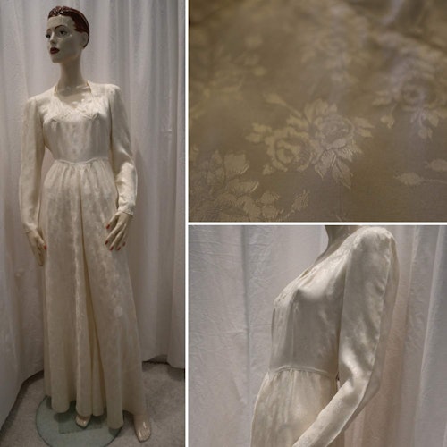 Vintage retro lång gulvit brudklänning 40-tal lång arm rosenmönster