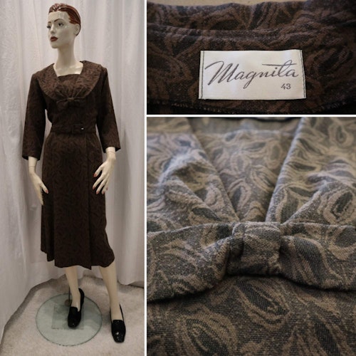 Vintage retro brun prydlig klänning blommig fin skärning Magnita 5060-tal