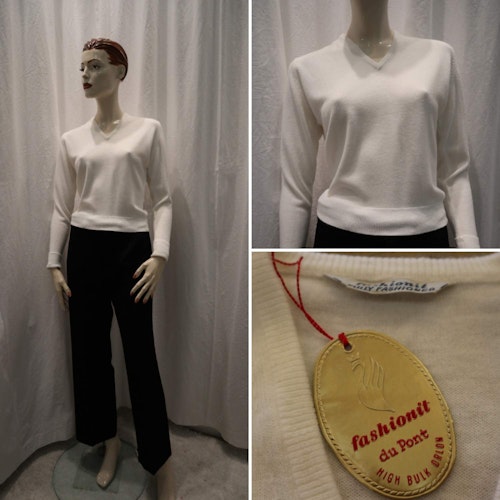 Vintage retro vit mjuk tröja v-ringad oanvänd/deadstock 6070-tal