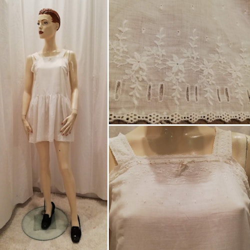 Vintage retro underklänning vit brodyr axelband kort kjol