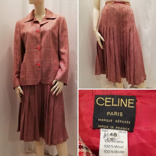 Vintage retro dress kavaj och längre veckad kjol röd blå vit rutig Celine Paris
