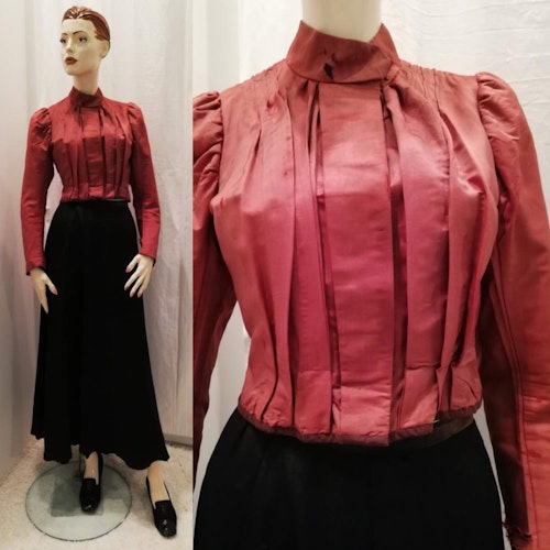 Vintage retro antik rosa-röd blus jacka siden midjekort puffarm sekelskifte ca