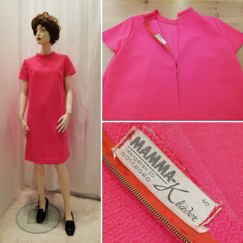 Vintage retro Mamma-klänning A-linjeformad bubbelgumsrosa crimplene 60-tal