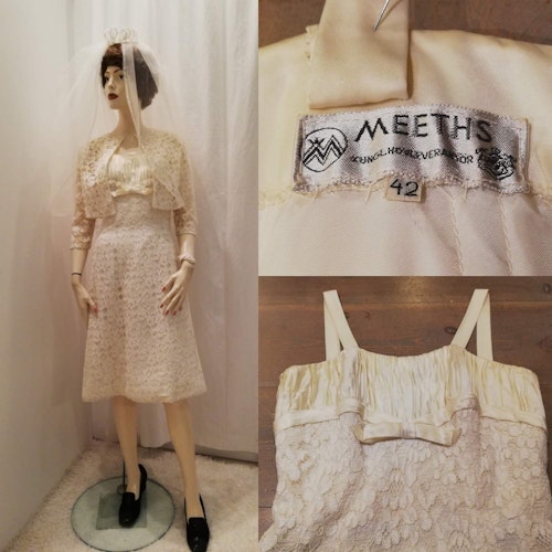 Vintage retro kort brudklänning fodralklänning spets spetsbolero Meeths 60tal