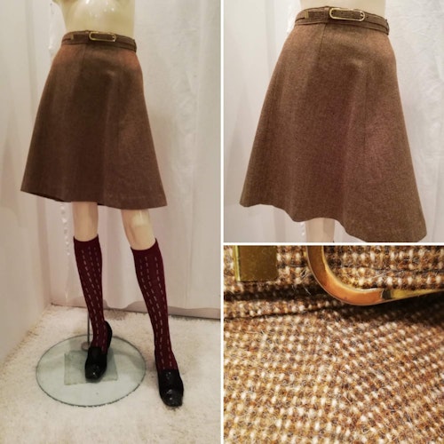 Vintage retro klockad kort kjol brun och beige smårutig skärp 607080-tal