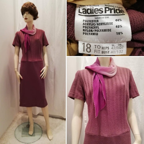 Vintage retro plommonlila stickad klänning kort arm fodrad 6070-tal