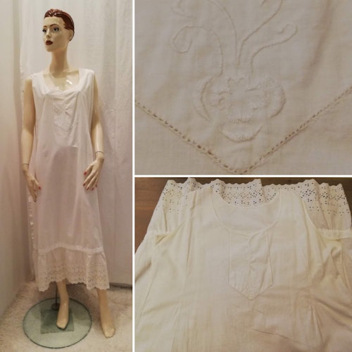 Vintage retro nattlinne särk underklänning bomull brodyrspets broderier hålsöm