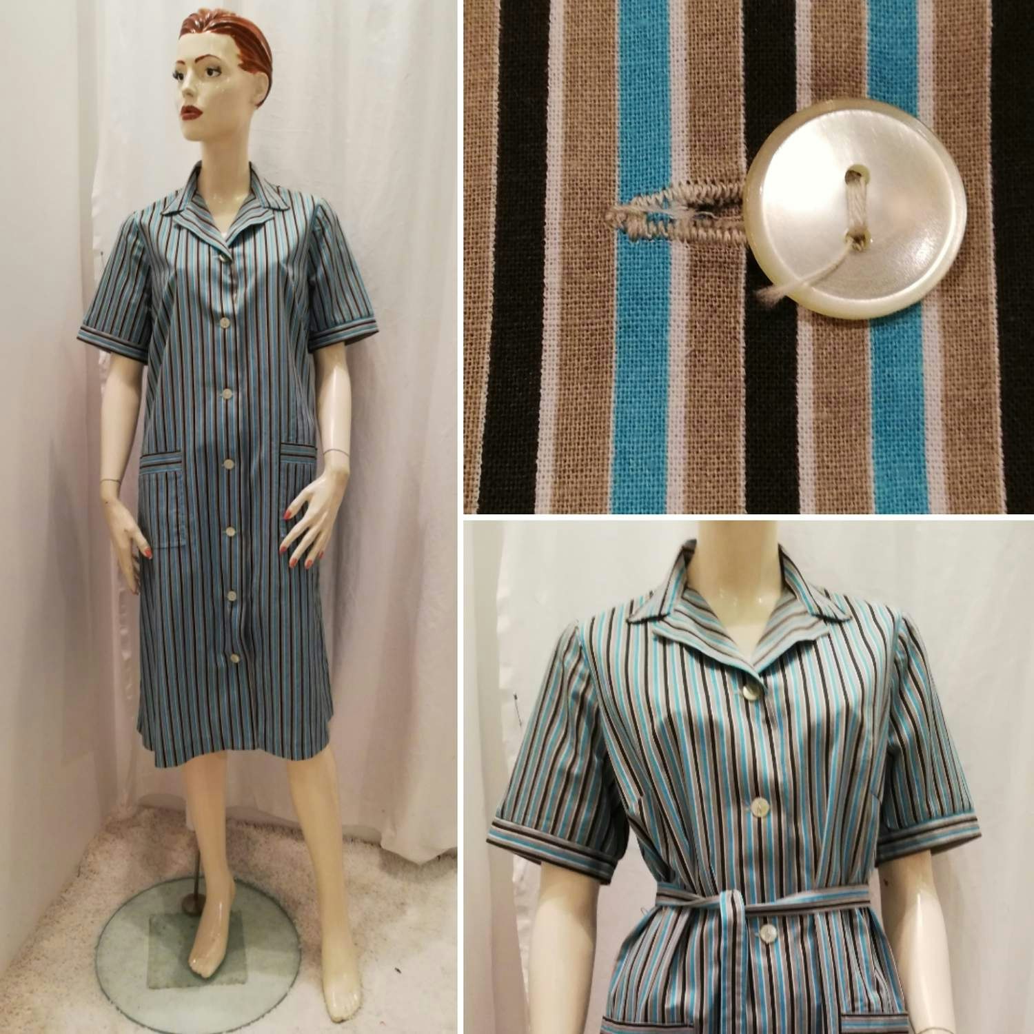 Vintage retro städrock klänning bomull turkosblå grå vit svart randig  6070-tal - Vintage Corner Österlen
