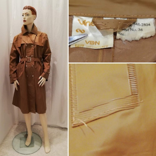 Vintage retro brun lång regnkappa Vinetta Domus många detaljer svetsade sömmar