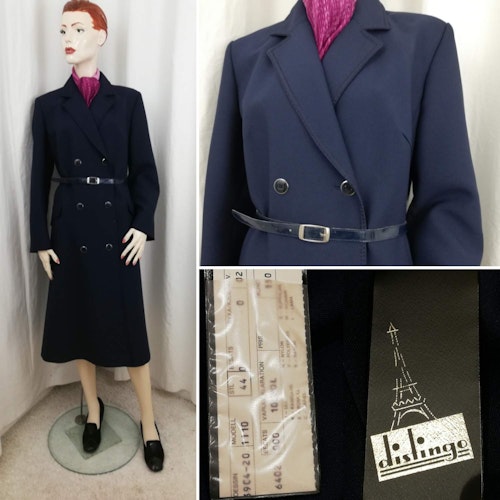 Vintage retro blå kappa figursydd med skärp oanvänd med lapp Distingo