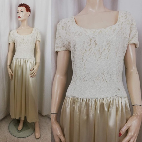 Vintage retro brudklänning urringad holkärm spetsliv vid satin-kjol gul-vit