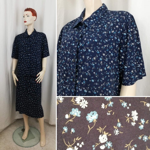 Vintage retro Westerling småblommig dress kjol och blus marinblå ljusblå vit