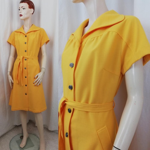 Vintage retro apelsingul syntetklänning klockad kjol knappar fram skärp 6070-tal
