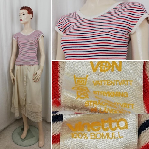 Vintage retro T-shirt Vinetta Domus v-ringad fram och bak randig blå vit röd