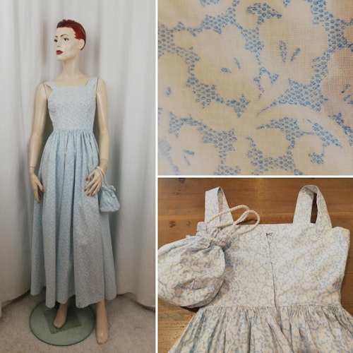 Vintage Retro långklänning balklänning sommar ljusblå vit väska till 405060-tal
