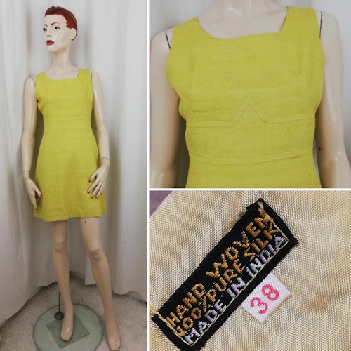 Vintage Retro gul sidenklänning figursydd kort hand-vävd siden råsiden 60-tal