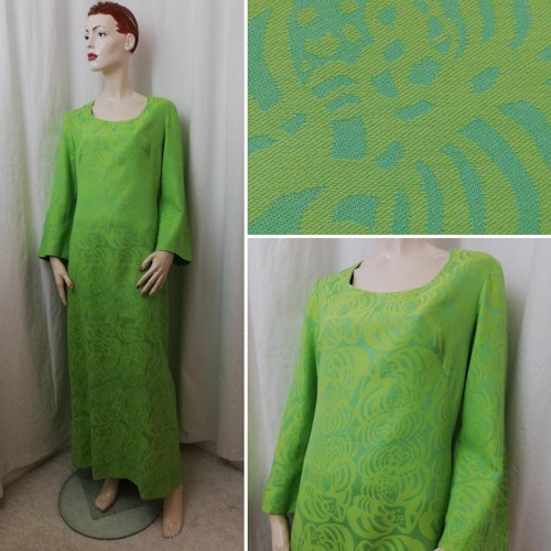 Vintage Retro färgglad stormönstrad grön klänning lång vida armar 6070-tal
