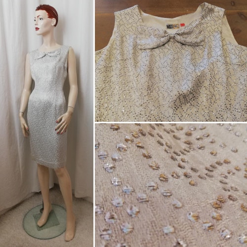 Vintage Retro silverprickig fin-klänning figursydd rosett i halsringningen 60tal