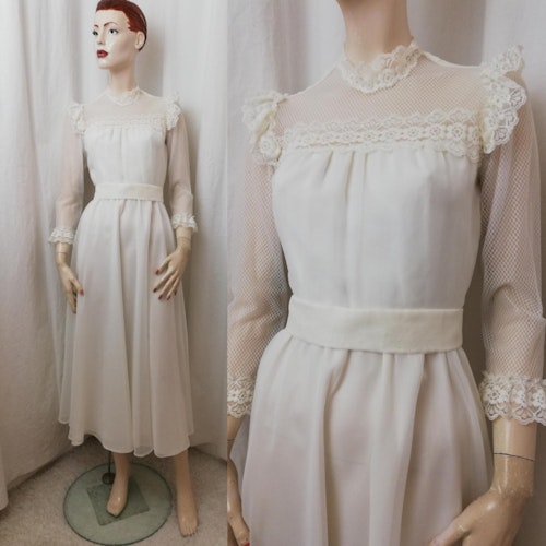 Retro brudklänning 80-tal spets nät över armar vid dubbel kjol rysch