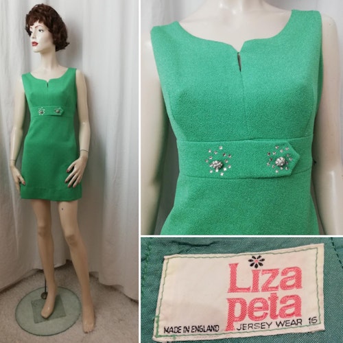 Vintage Retro ärmlös cocktail-klänning grön glitter strass kortkort Liza Peta