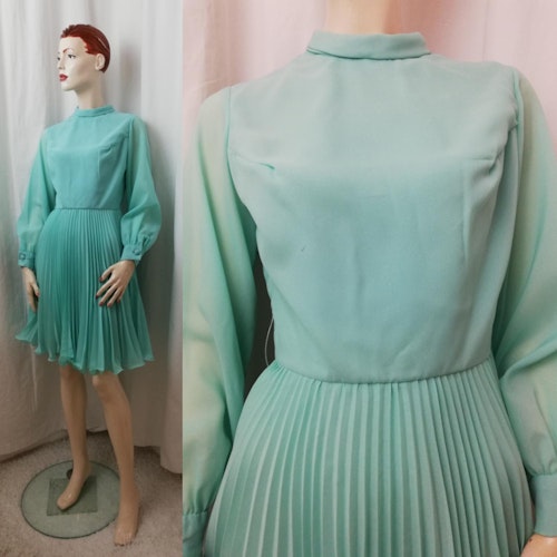 Vintage Retro turkos-blå klänning plisserad kjol lång ärm halskant