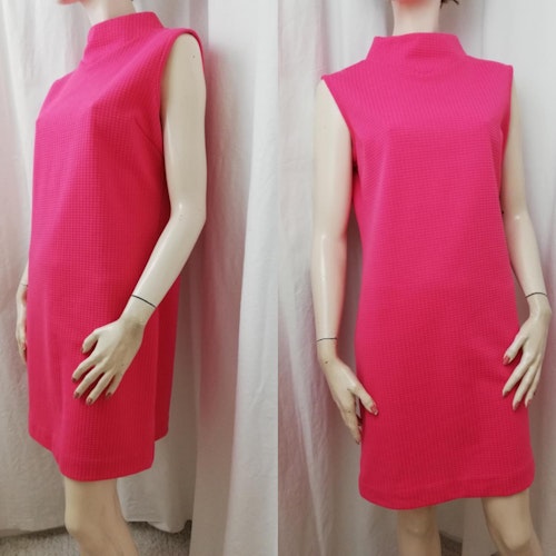 Vintage Retro chock-rosa rak klänning syntetjersey halskant ärmlös 60-tal