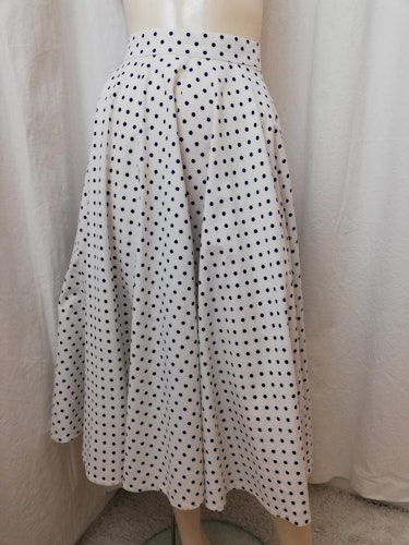 Vintage Retro kjol fullcirkel-kjol vit med blå prickar bomull 5060-tal