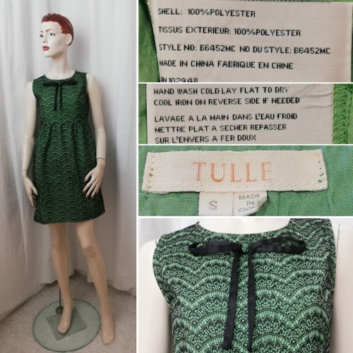 Grön kort klänning med svart spets, vintage-stil repro 60-tals-stil