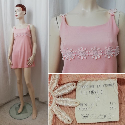 Vintage Retro rosa baby-doll klänning empireskuren kortkort blombård