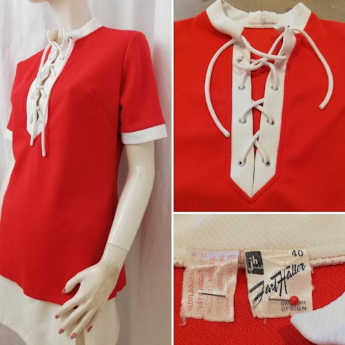 Vintage Retro tunika blus röd med vita detaljer och snörning 6070-tal