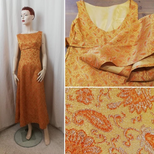 Vintage Retro festklänning lång guld- och orangemönstrad släp ärmlös 6070-tal