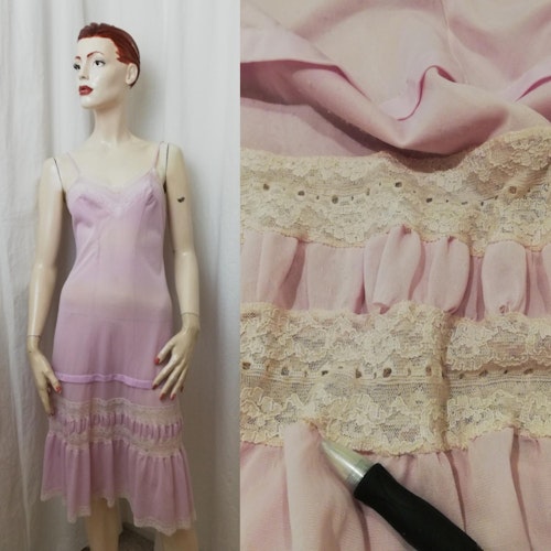 Vintage Retro rosa-lila underklänning nattlinne nylon spets smala axelband