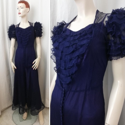 Vintage Retro klänning 30-tal lila blå 2 lager, blå tyll-volanger