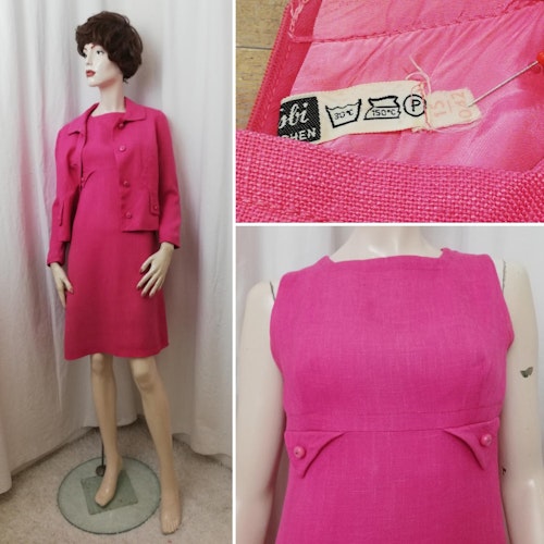 Vintage Retro rosa dress klänning dräktjacka linne-struktur fina detaljer