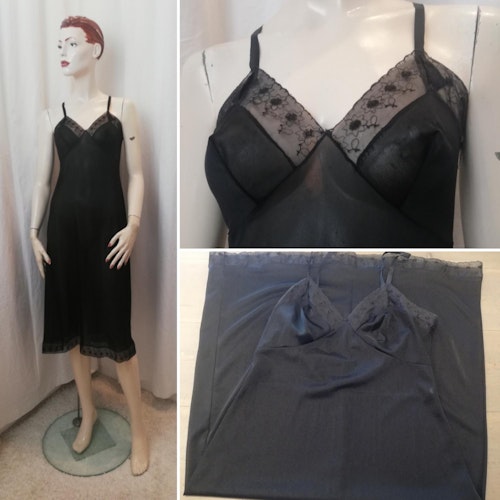 Vintage Retro svart underklänning nattlinne nylon med spets smala axelband