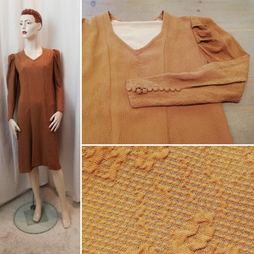 Vintage kanelbrun klänning 40-tal crepe med mönster lång ärm