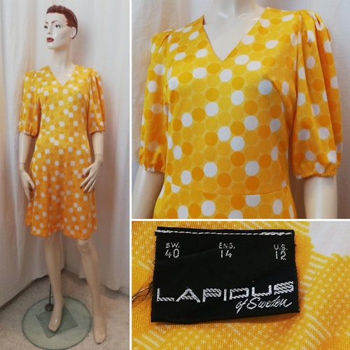 Vintage Retro glad klänning gula vita cirklar kort ärm klockad kjol Lapidus 70s