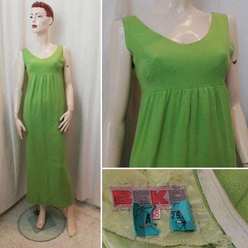 Vintage äppelgrön empireskuren snäv långklänning 6070-tal