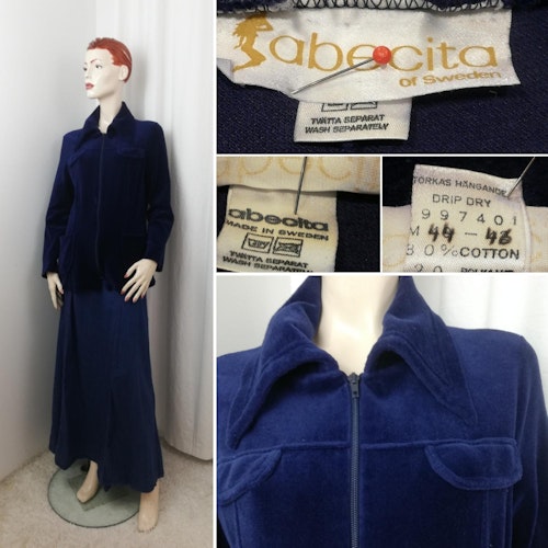 Vintage Retro tunika blå plysch lång ärm fickor Abecita 70-tal