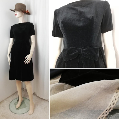 Vintage Retro svart sammetsklänning med underkjol rosett slits fram kort ärm 60s